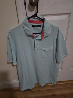 Nautica Men's Light Blue Polo Shirt with Pink Trim